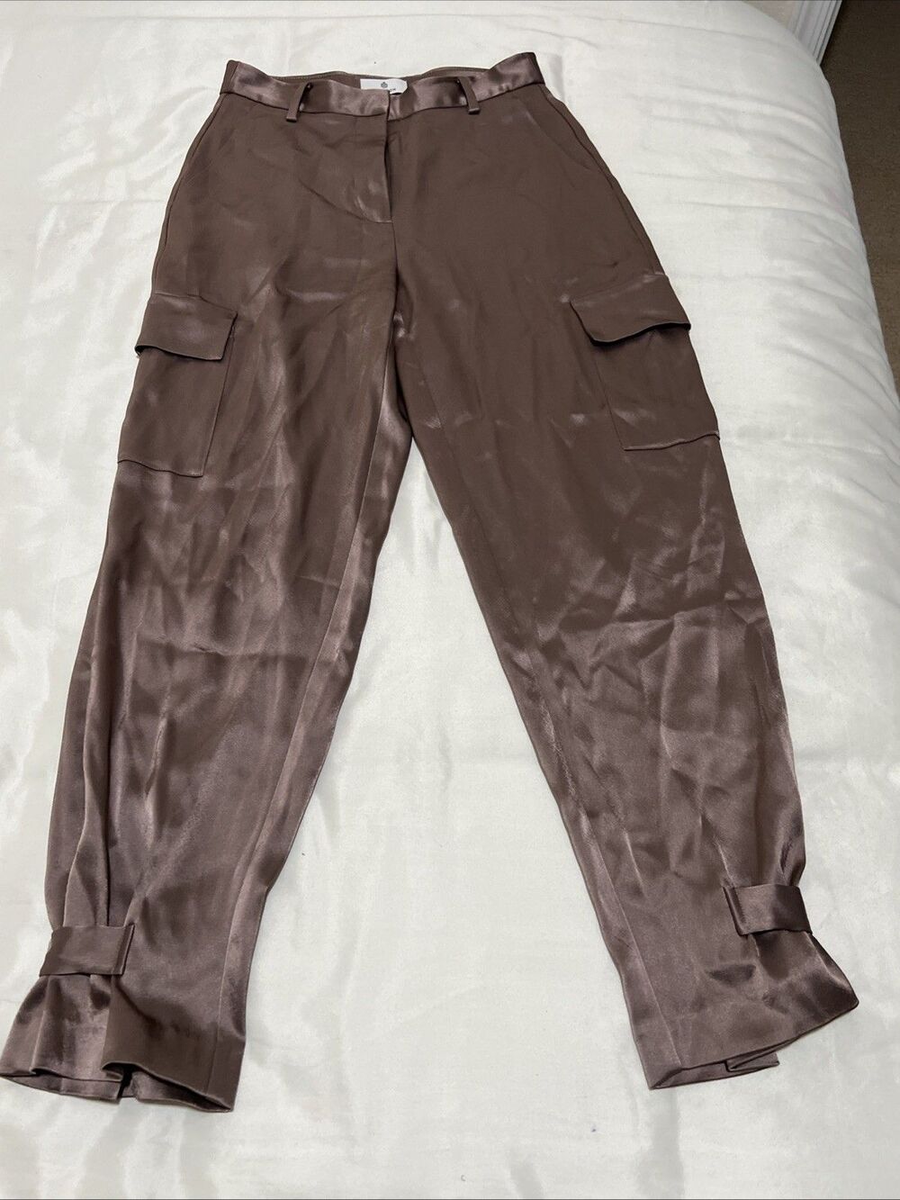 Aritzia Babaton Satin Cargo Pant Sz 4 Mocha High Rise Faux Buckle Cuffs Shimmer